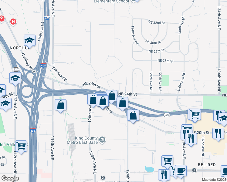 map of restaurants, bars, coffee shops, grocery stores, and more near 12220 Northeast 24th Street in Bellevue