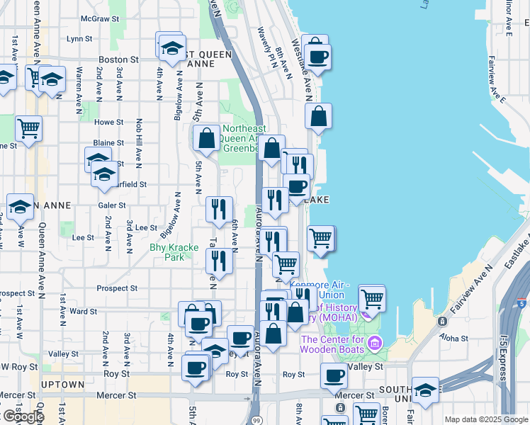 map of restaurants, bars, coffee shops, grocery stores, and more near 701 Galer Street in Seattle