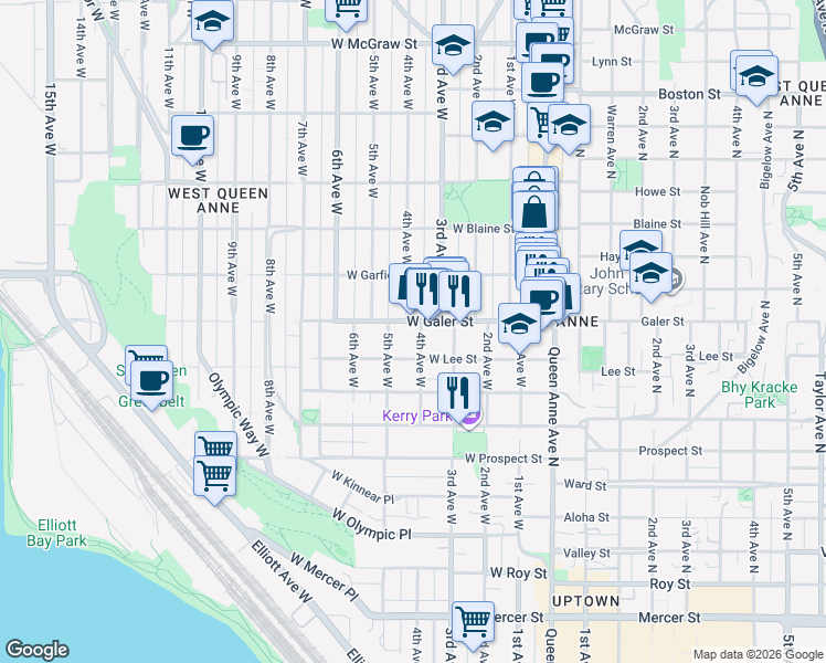 map of restaurants, bars, coffee shops, grocery stores, and more near 1423 4th Avenue West in Seattle