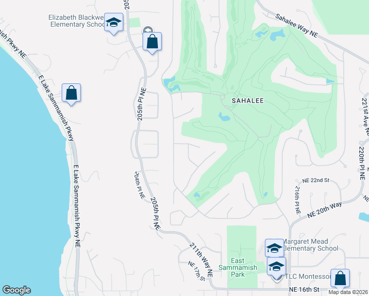 map of restaurants, bars, coffee shops, grocery stores, and more near 20812 Northeast 25th Street in Sammamish