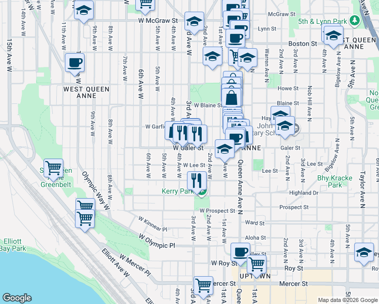 map of restaurants, bars, coffee shops, grocery stores, and more near 224 West Galer Street in Seattle