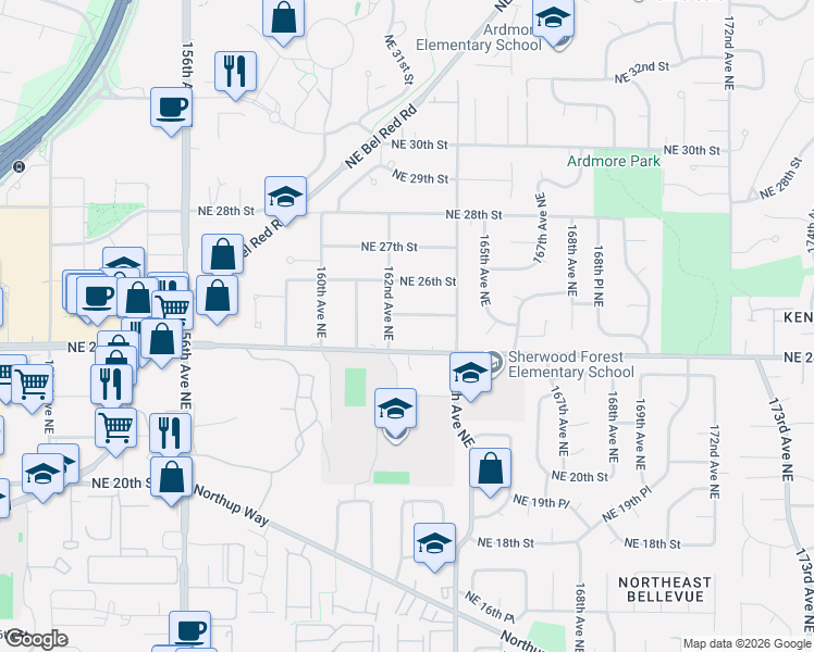 map of restaurants, bars, coffee shops, grocery stores, and more near 2506 162nd Avenue Northeast in Bellevue
