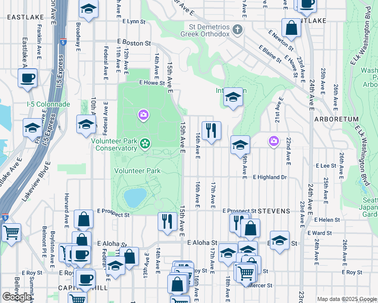 map of restaurants, bars, coffee shops, grocery stores, and more near 1244 15th Avenue East in Seattle