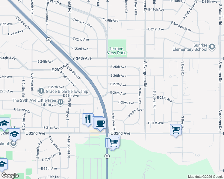 map of restaurants, bars, coffee shops, grocery stores, and more near 13502 East 27th Avenue in Spokane Valley
