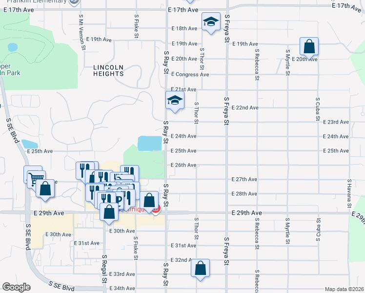 map of restaurants, bars, coffee shops, grocery stores, and more near 3308 East 24th Avenue in Spokane