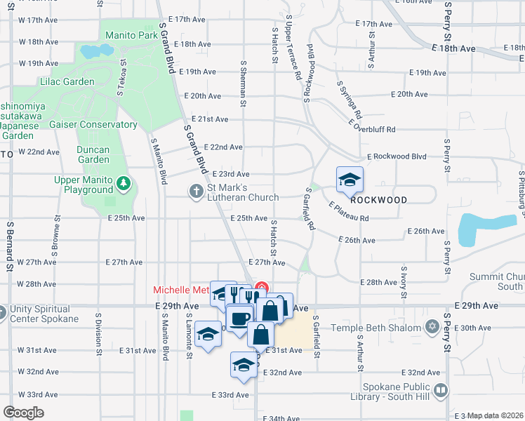 map of restaurants, bars, coffee shops, grocery stores, and more near 614 East 24th Avenue in Spokane