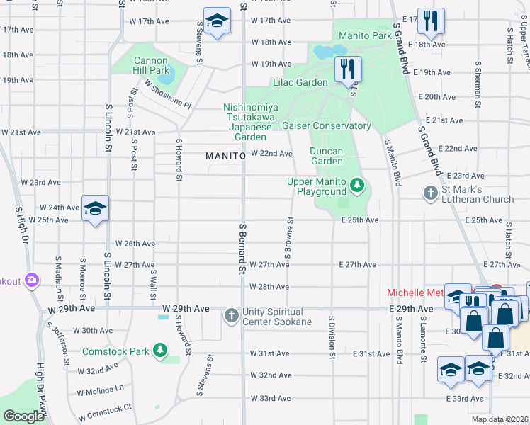 map of restaurants, bars, coffee shops, grocery stores, and more near 203 West 24th Avenue in Spokane