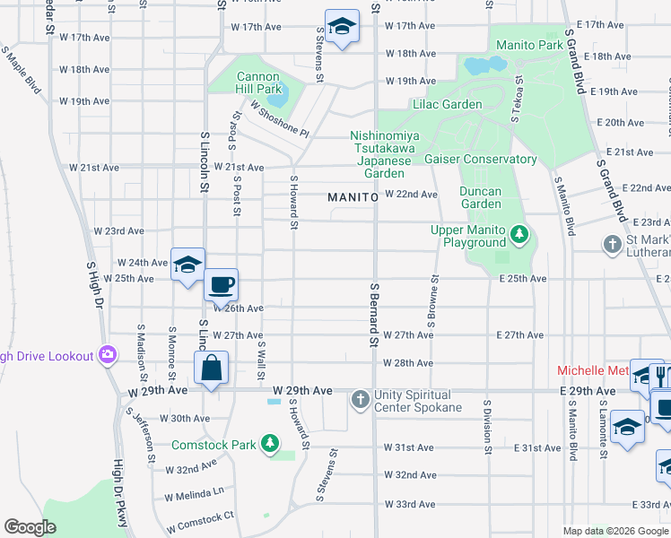 map of restaurants, bars, coffee shops, grocery stores, and more near 435 West 24th Avenue in Spokane