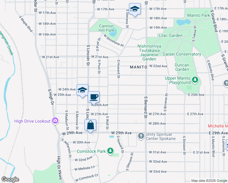 map of restaurants, bars, coffee shops, grocery stores, and more near 617 West 24th Avenue in Spokane
