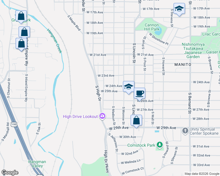 map of restaurants, bars, coffee shops, grocery stores, and more near 1120 West 24th Avenue in Spokane