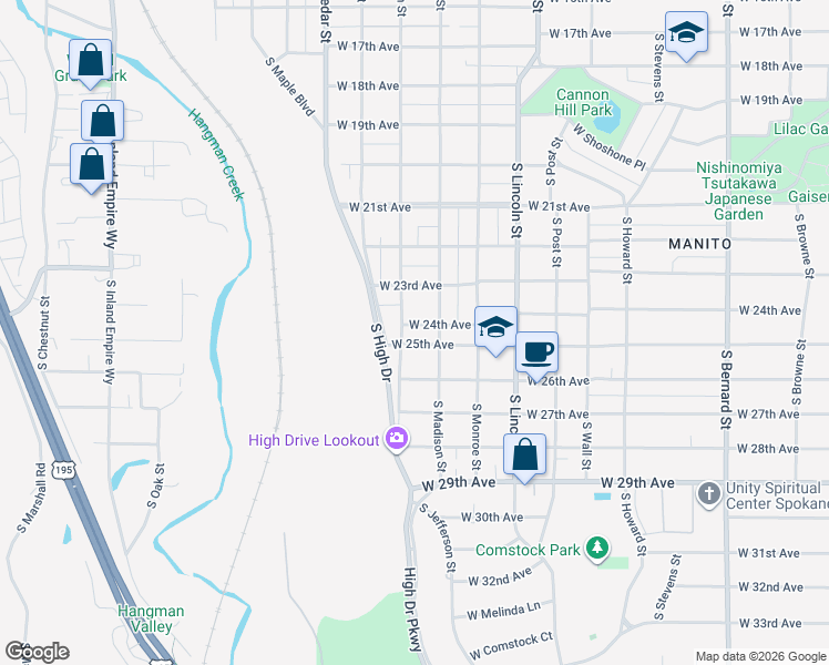 map of restaurants, bars, coffee shops, grocery stores, and more near 1120 West 24th Avenue in Spokane