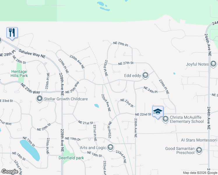 map of restaurants, bars, coffee shops, grocery stores, and more near 23341 Northeast 25th Way in Sammamish