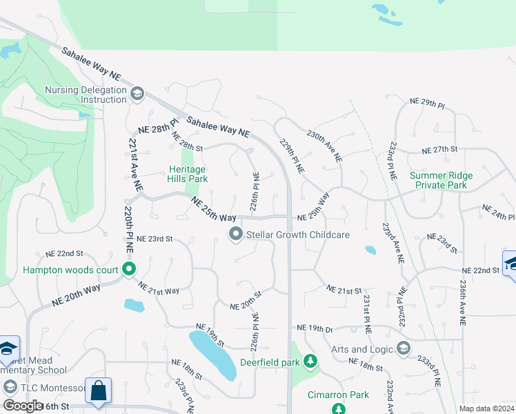 map of restaurants, bars, coffee shops, grocery stores, and more near 2515 227th Place Northeast in Sammamish