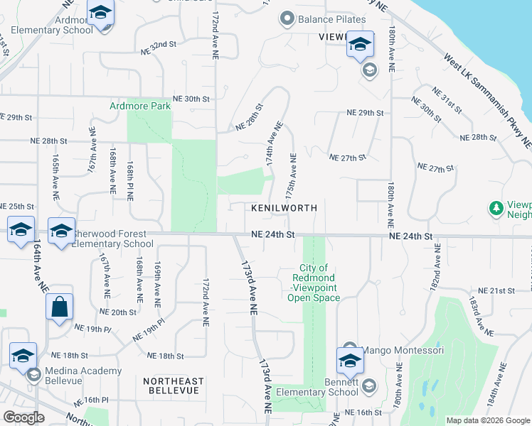 map of restaurants, bars, coffee shops, grocery stores, and more near 2514 174th Avenue Northeast in Redmond