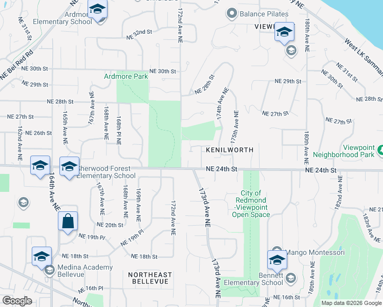map of restaurants, bars, coffee shops, grocery stores, and more near 17220 Northeast 25th Court in Redmond