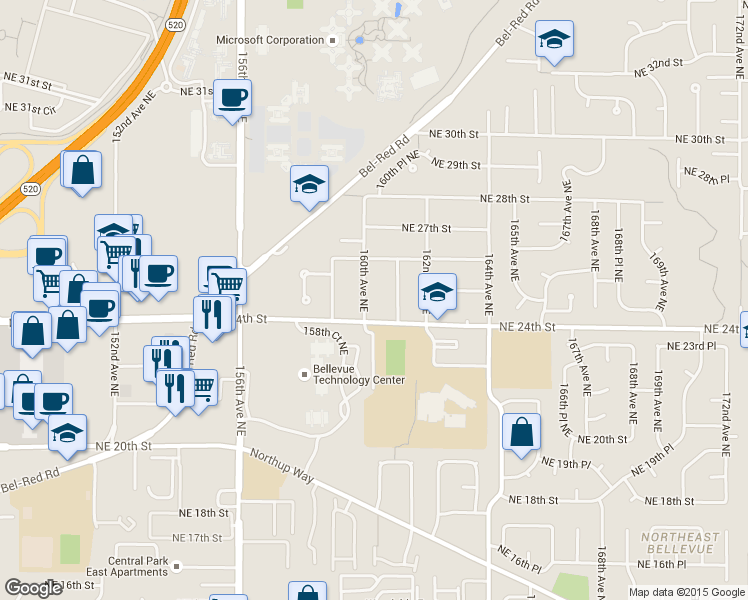 map of restaurants, bars, coffee shops, grocery stores, and more near 2438 160th Avenue Northeast in Bellevue