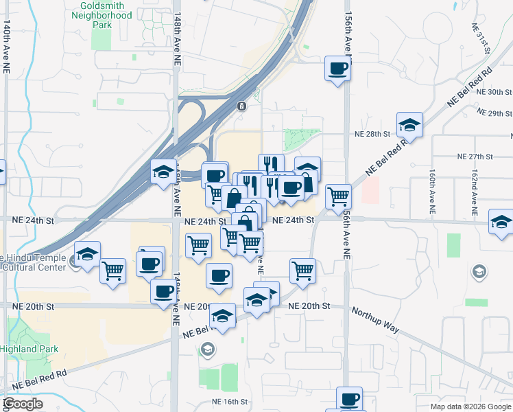 map of restaurants, bars, coffee shops, grocery stores, and more near 2560 152nd Avenue Northeast in Redmond