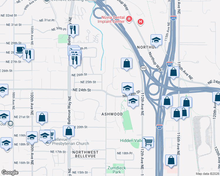 map of restaurants, bars, coffee shops, grocery stores, and more near 2471 109th Place Northeast in Bellevue