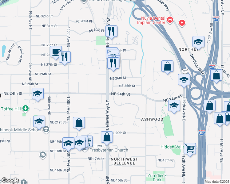 map of restaurants, bars, coffee shops, grocery stores, and more near 10505 Northeast 25th Street in Bellevue