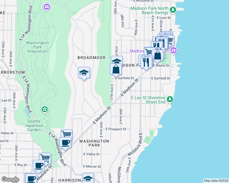 map of restaurants, bars, coffee shops, grocery stores, and more near 1507 38th Avenue East in Seattle
