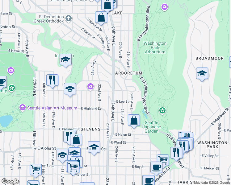map of restaurants, bars, coffee shops, grocery stores, and more near 2410 East Galer Street in Seattle