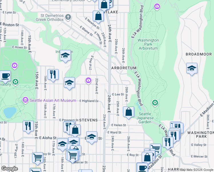 map of restaurants, bars, coffee shops, grocery stores, and more near 2218 East Galer Street in Seattle