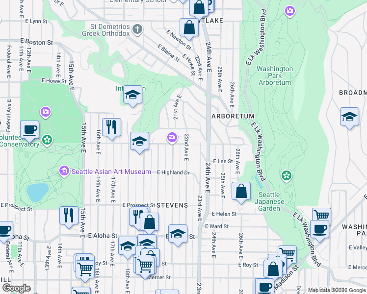 map of restaurants, bars, coffee shops, grocery stores, and more near 2114 East Galer Street in Seattle