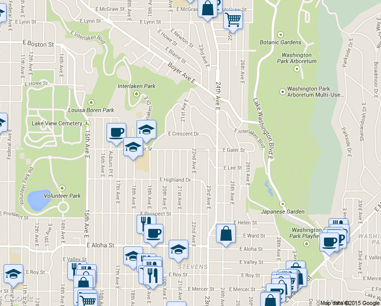 map of restaurants, bars, coffee shops, grocery stores, and more near 2114 East Galer Street in Seattle