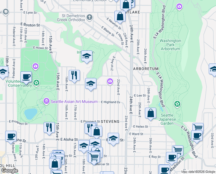 map of restaurants, bars, coffee shops, grocery stores, and more near 2010 East Galer Street in Seattle