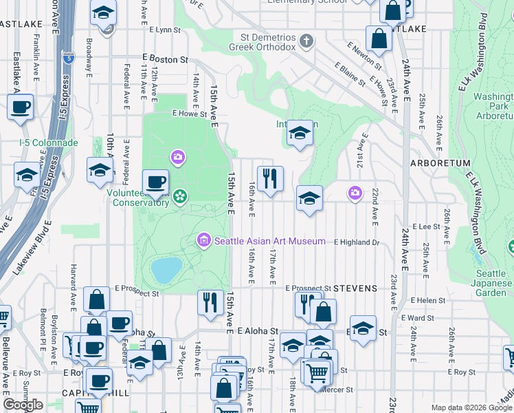 map of restaurants, bars, coffee shops, grocery stores, and more near 1505 16th Avenue East in Seattle