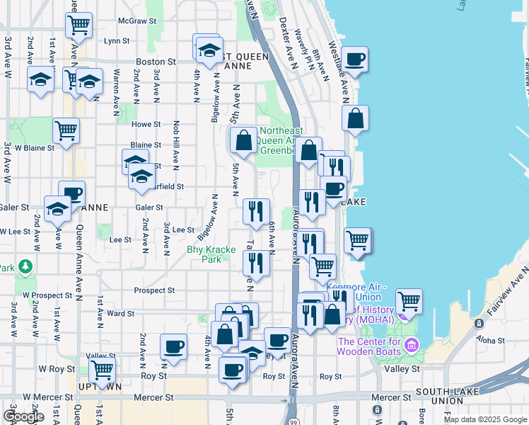 map of restaurants, bars, coffee shops, grocery stores, and more near in Seattle