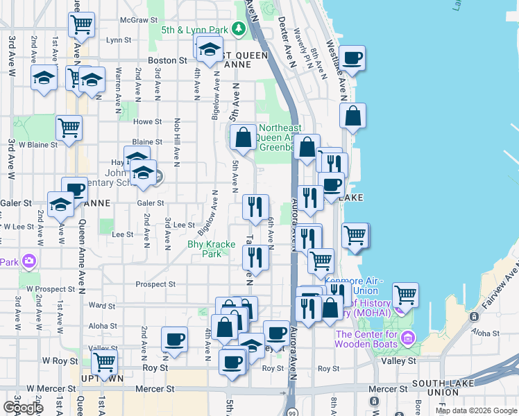 map of restaurants, bars, coffee shops, grocery stores, and more near 1501-1599 Taylor Avenue North in Seattle