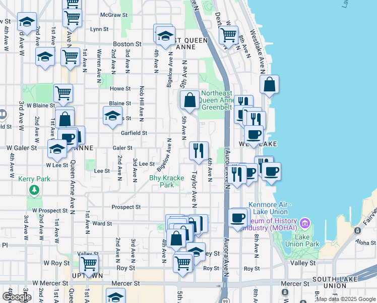map of restaurants, bars, coffee shops, grocery stores, and more near in Seattle