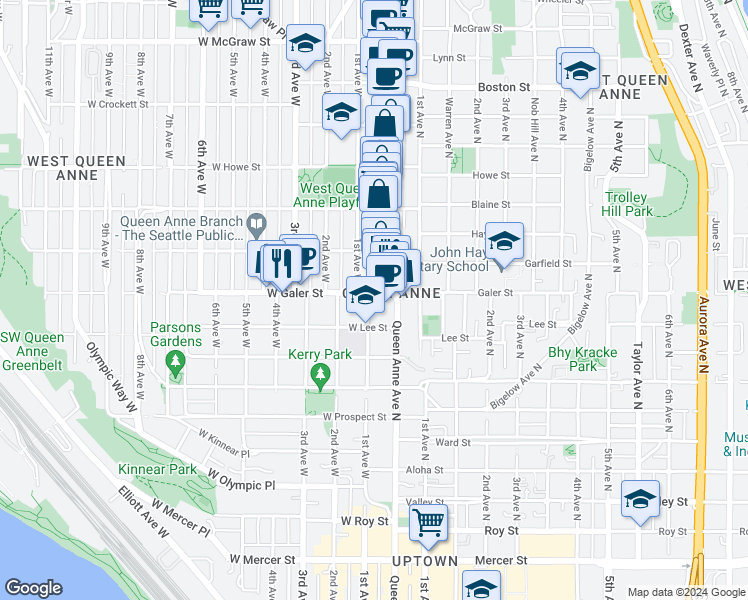map of restaurants, bars, coffee shops, grocery stores, and more near 20 West Galer Street in Seattle