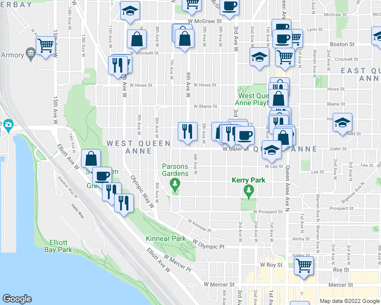 map of restaurants, bars, coffee shops, grocery stores, and more near 606 West Galer Street in Seattle
