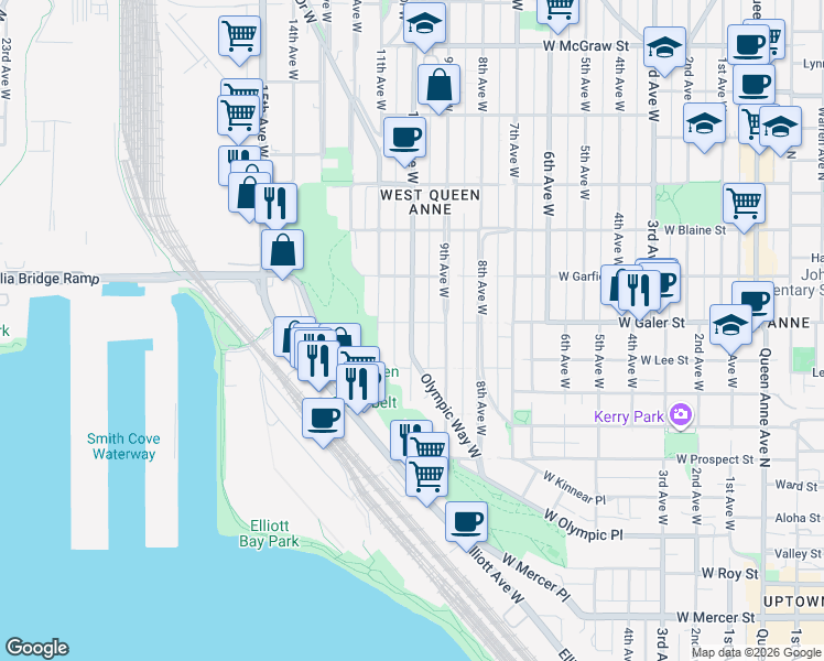 map of restaurants, bars, coffee shops, grocery stores, and more near 914 West Galer Street in Seattle