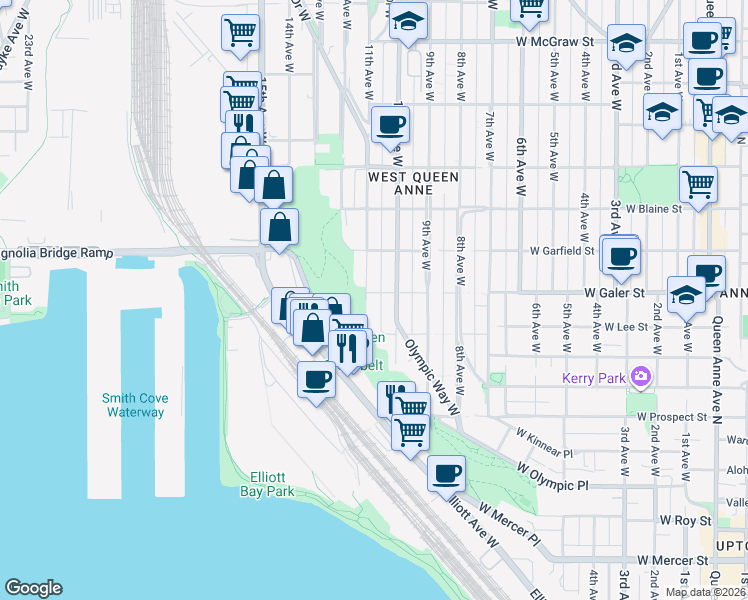 map of restaurants, bars, coffee shops, grocery stores, and more near 1022 West Galer Street in Seattle