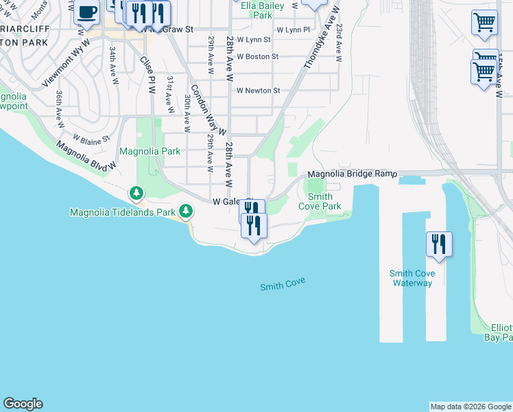 map of restaurants, bars, coffee shops, grocery stores, and more near 2600 West Galer Street in Seattle