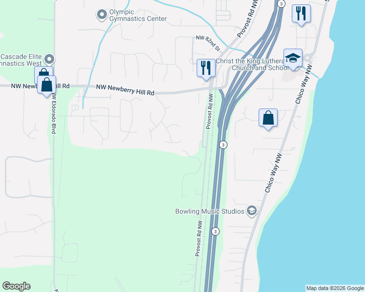 map of restaurants, bars, coffee shops, grocery stores, and more near 4884 Northwest Chad Court in Silverdale