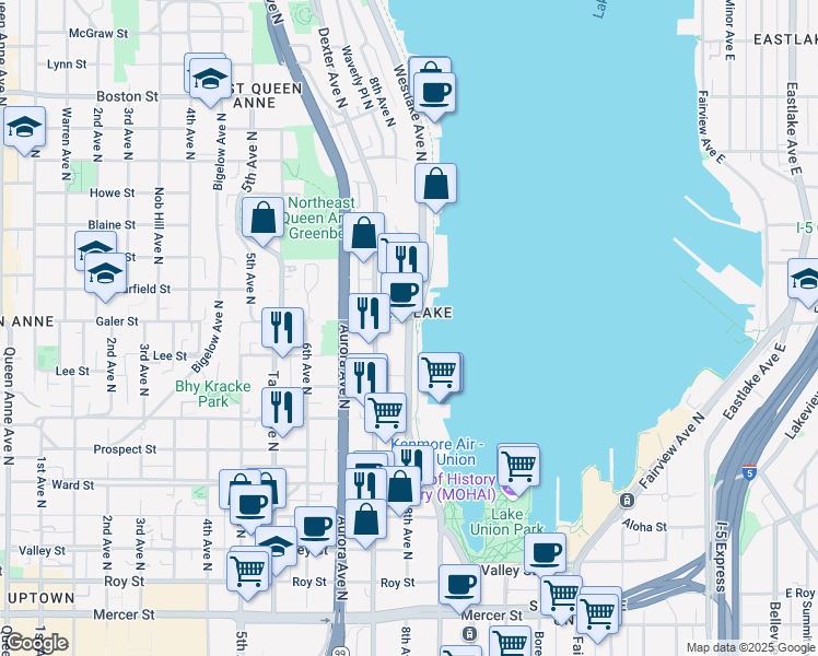 map of restaurants, bars, coffee shops, grocery stores, and more near Westlake Avenue North in Seattle