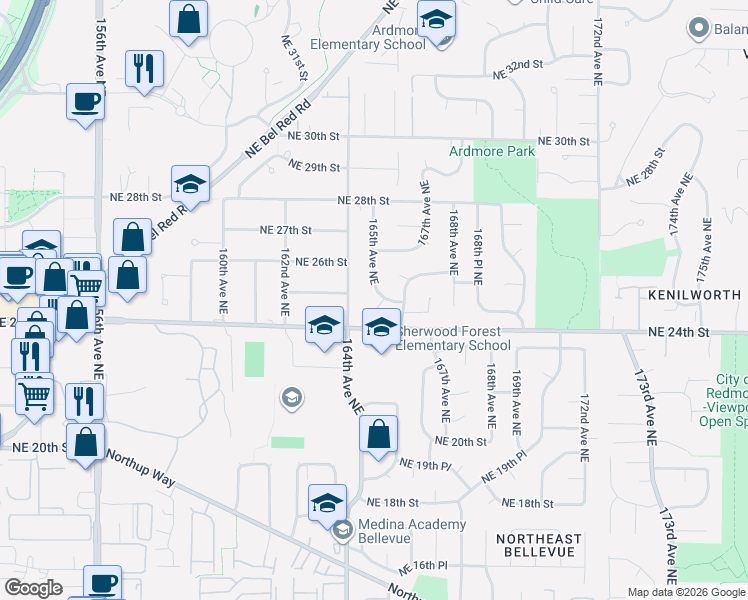 map of restaurants, bars, coffee shops, grocery stores, and more near 2415 165th Place Northeast in Bellevue