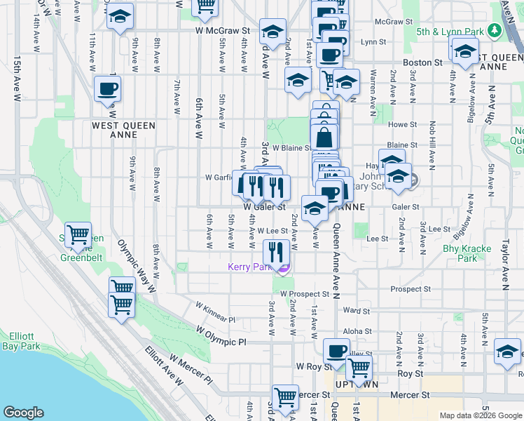 map of restaurants, bars, coffee shops, grocery stores, and more near 315 West Galer Street in Seattle