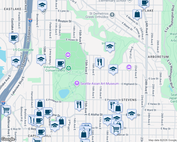 map of restaurants, bars, coffee shops, grocery stores, and more near 1505 16th Avenue East in Seattle