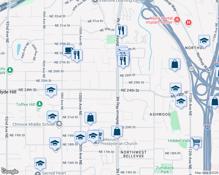 map of restaurants, bars, coffee shops, grocery stores, and more near 10228 Northeast 24th Street in Bellevue