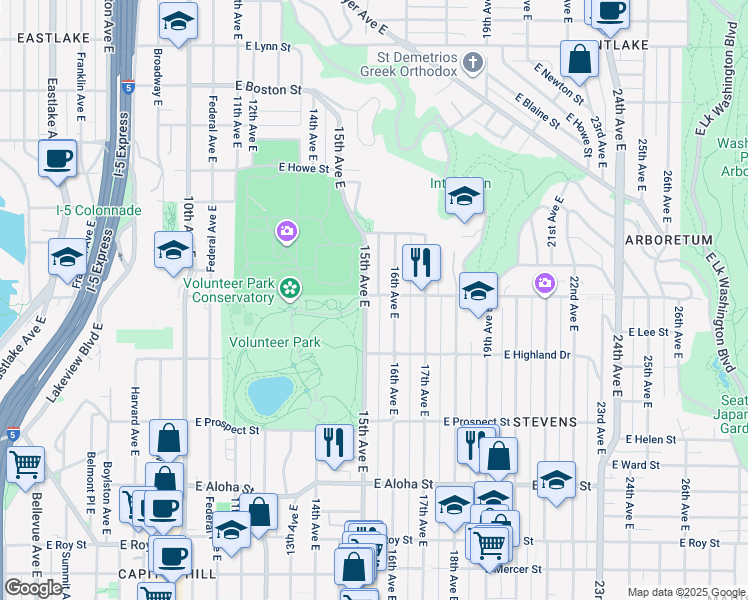 map of restaurants, bars, coffee shops, grocery stores, and more near 1505 16th Avenue East in Seattle