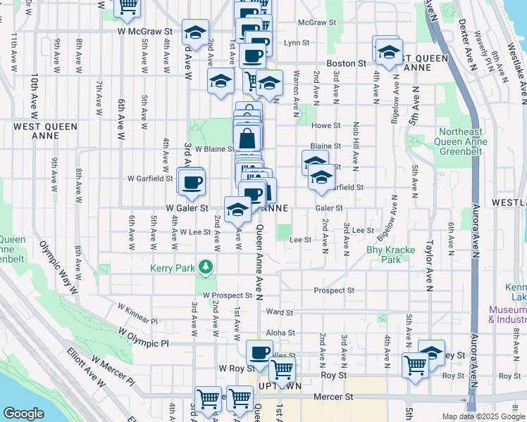 map of restaurants, bars, coffee shops, grocery stores, and more near 1417 Queen Anne Avenue North in Seattle