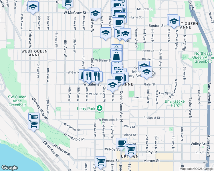 map of restaurants, bars, coffee shops, grocery stores, and more near 1500 2nd Avenue West in Seattle