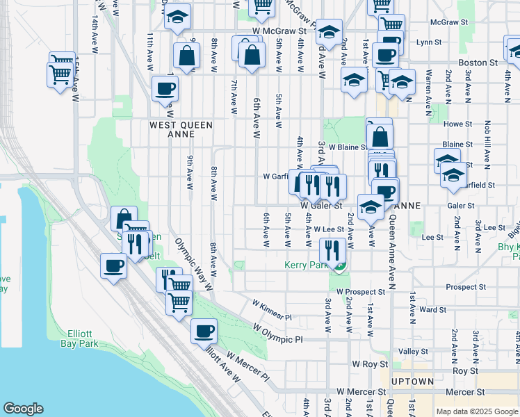 map of restaurants, bars, coffee shops, grocery stores, and more near 606 West Galer Street in Seattle