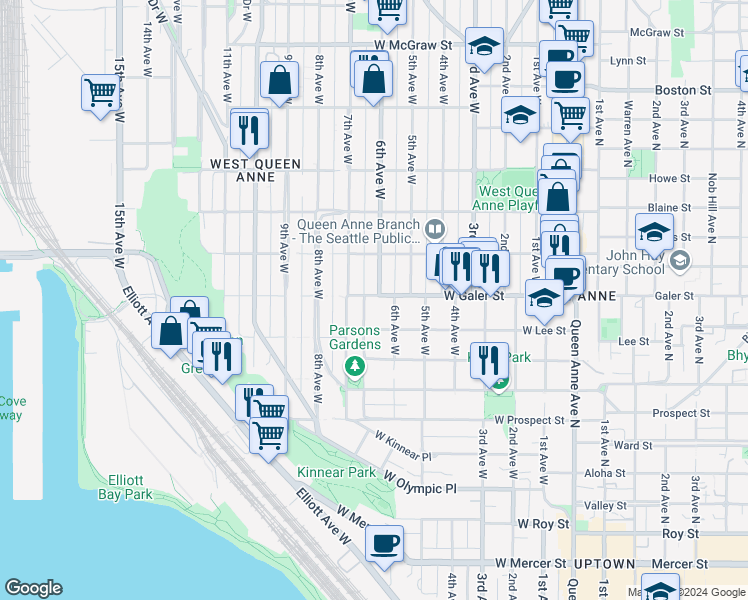 map of restaurants, bars, coffee shops, grocery stores, and more near 606 West Galer Street in Seattle