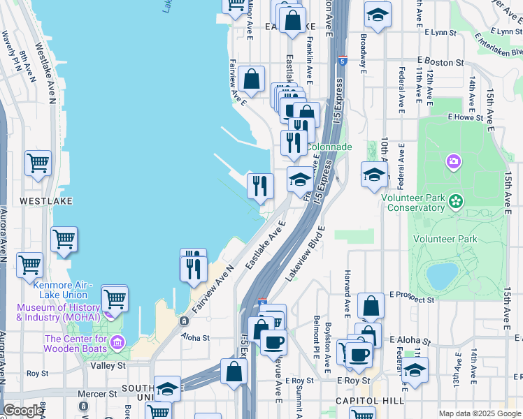 map of restaurants, bars, coffee shops, grocery stores, and more near 1325 Fairview Avenue East in Seattle